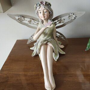 Garden Fairy with Metal Wings Sitting with Butterfly